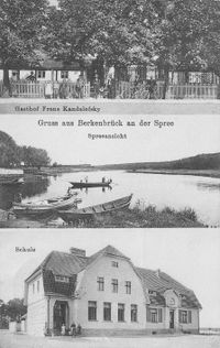 Gasthof Franz Kandalefsky, Spreeansicht und Schule, ca. 1914, Verlag von Julius Pfeiffer, Berlin O. 112, Mirbachstra&szlig;e 69, Aufnahme ca. 1914